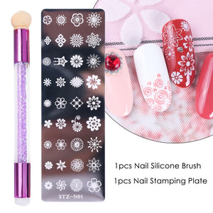 Nail Stamping Plates Set Silicone Sponge Brush Polish Transfer Stencils Flower Geometry DIY Template for Nail Tool CHSTZN01-12-2