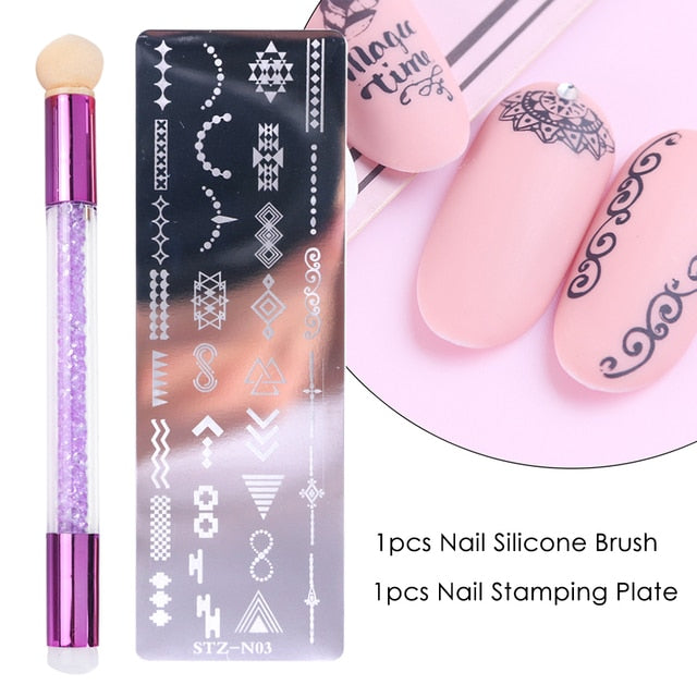 Nail Stamping Plates Set Silicone Sponge Brush Polish Transfer Stencils Flower Geometry DIY Template for Nail Tool CHSTZN01-12-2