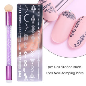 Nail Stamping Plates Set Silicone Sponge Brush Polish Transfer Stencils Flower Geometry DIY Template for Nail Tool CHSTZN01-12-2