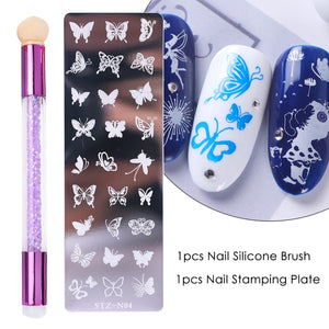 Nail Stamping Plates Set Silicone Sponge Brush Polish Transfer Stencils Flower Geometry DIY Template for Nail Tool CHSTZN01-12-2