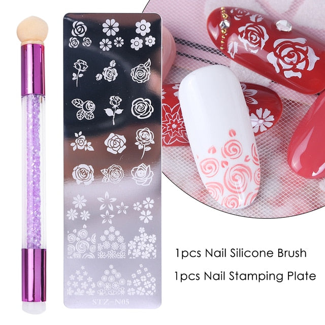 Nail Stamping Plates Set Silicone Sponge Brush Polish Transfer Stencils Flower Geometry DIY Template for Nail Tool CHSTZN01-12-2