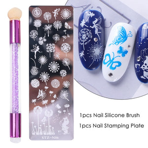 Nail Stamping Plates Set Silicone Sponge Brush Polish Transfer Stencils Flower Geometry DIY Template for Nail Tool CHSTZN01-12-2