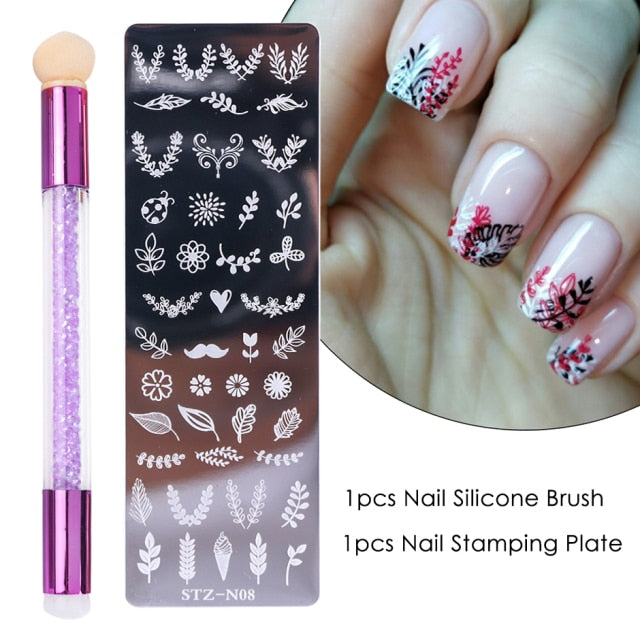 Nail Stamping Plates Set Silicone Sponge Brush Polish Transfer Stencils Flower Geometry DIY Template for Nail Tool CHSTZN01-12-2