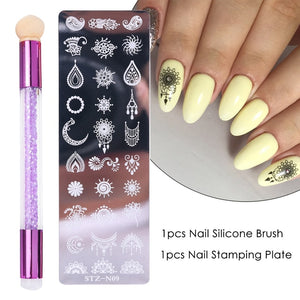 Nail Stamping Plates Set Silicone Sponge Brush Polish Transfer Stencils Flower Geometry DIY Template for Nail Tool CHSTZN01-12-2