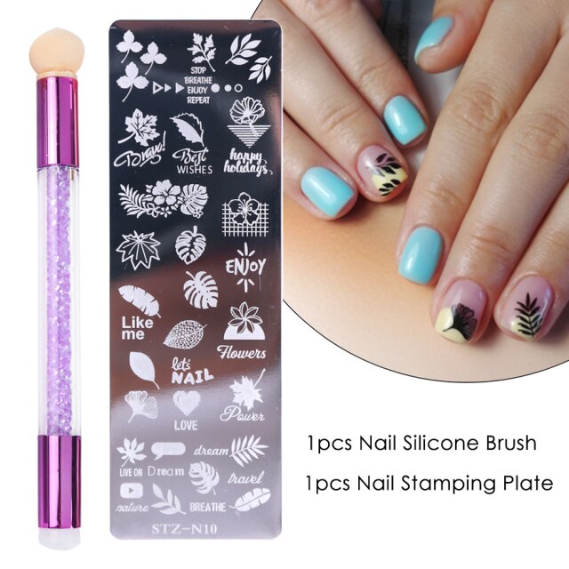 Nail Stamping Plates Set Silicone Sponge Brush Polish Transfer Stencils Flower Geometry DIY Template for Nail Tool CHSTZN01-12-2