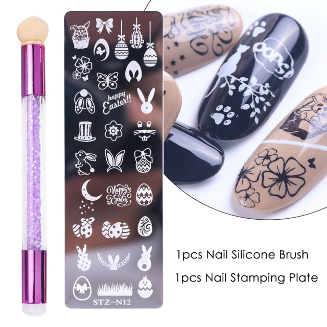 Nail Stamping Plates Set Silicone Sponge Brush Polish Transfer Stencils Flower Geometry DIY Template for Nail Tool CHSTZN01-12-2