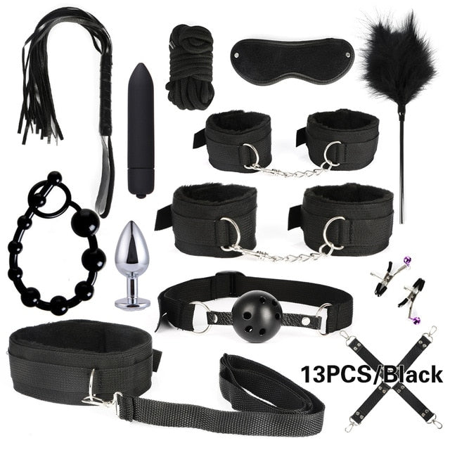 10/13/15/17 PCS Bondage Restraints Kits BDSM Sex Handcuffs Whip Anal Plug Bullet Vibrator Erotic Sex Toy For Couples Adult Games