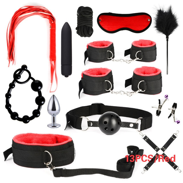 10/13/15/17 PCS Bondage Restraints Kits BDSM Sex Handcuffs Whip Anal Plug Bullet Vibrator Erotic Sex Toy For Couples Adult Games