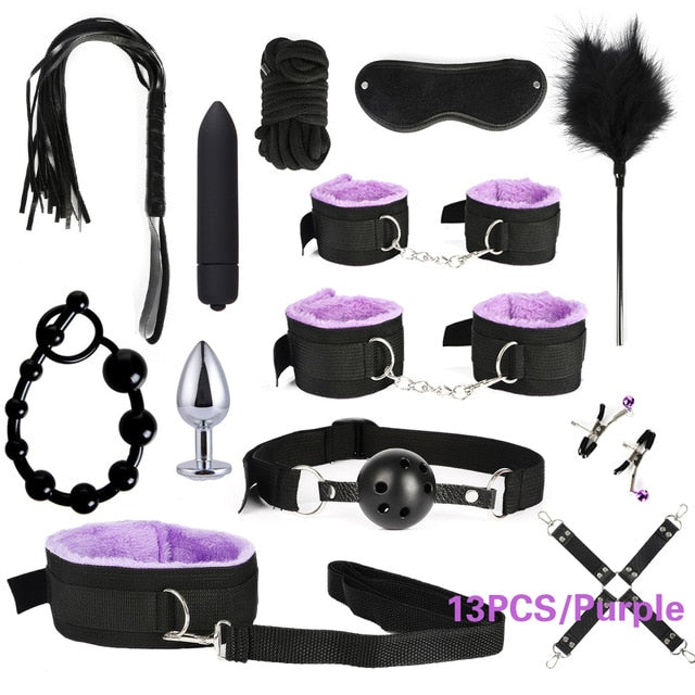 10/13/15/17 PCS Bondage Restraints Kits BDSM Sex Handcuffs Whip Anal Plug Bullet Vibrator Erotic Sex Toy For Couples Adult Games