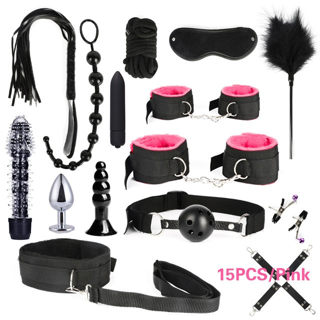 10/13/15/17 PCS Bondage Restraints Kits BDSM Sex Handcuffs Whip Anal Plug Bullet Vibrator Erotic Sex Toy For Couples Adult Games