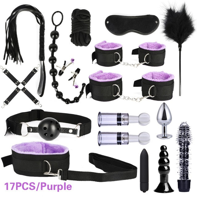 10/13/15/17 PCS Bondage Restraints Kits BDSM Sex Handcuffs Whip Anal Plug Bullet Vibrator Erotic Sex Toy For Couples Adult Games