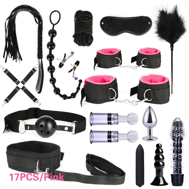 10/13/15/17 PCS Bondage Restraints Kits BDSM Sex Handcuffs Whip Anal Plug Bullet Vibrator Erotic Sex Toy For Couples Adult Games