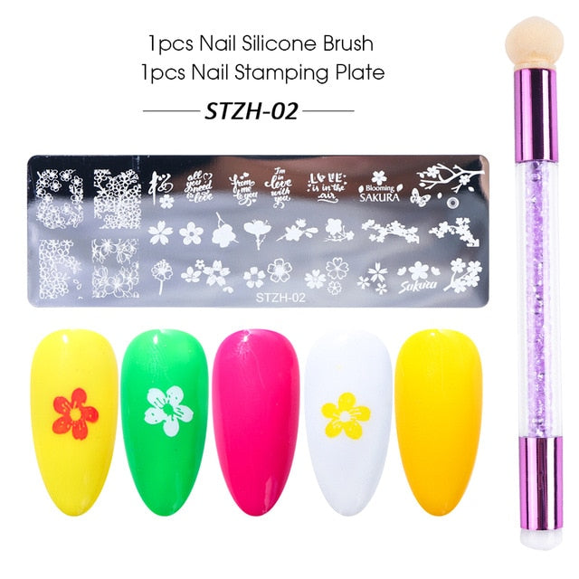 Nail Stamping Plates Set Silicone Sponge Brush Polish Transfer Stencils Flower Geometry DIY Template for Nail Tool CHSTZN01-12-2