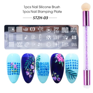 Nail Stamping Plates Set Silicone Sponge Brush Polish Transfer Stencils Flower Geometry DIY Template for Nail Tool CHSTZN01-12-2