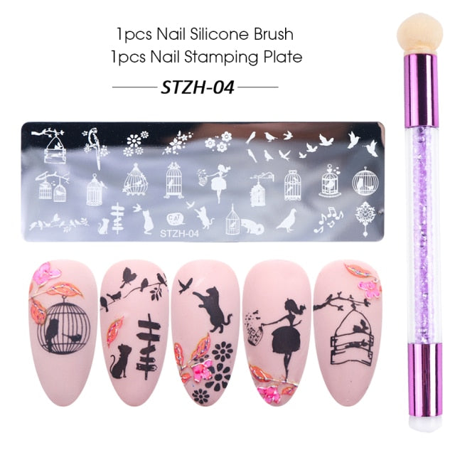 Nail Stamping Plates Set Silicone Sponge Brush Polish Transfer Stencils Flower Geometry DIY Template for Nail Tool CHSTZN01-12-2