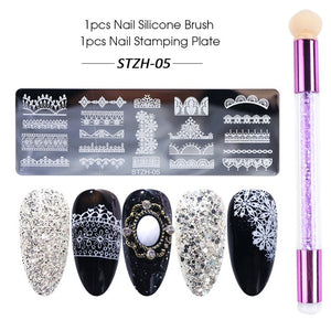 Nail Stamping Plates Set Silicone Sponge Brush Polish Transfer Stencils Flower Geometry DIY Template for Nail Tool CHSTZN01-12-2