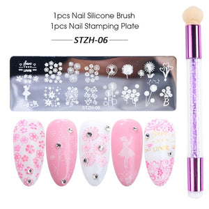 Nail Stamping Plates Set Silicone Sponge Brush Polish Transfer Stencils Flower Geometry DIY Template for Nail Tool CHSTZN01-12-2