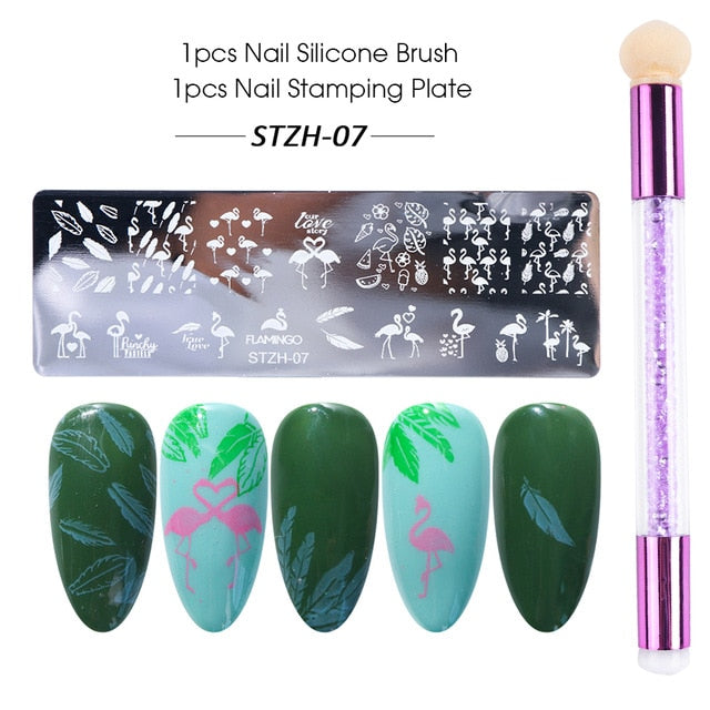 Nail Stamping Plates Set Silicone Sponge Brush Polish Transfer Stencils Flower Geometry DIY Template for Nail Tool CHSTZN01-12-2