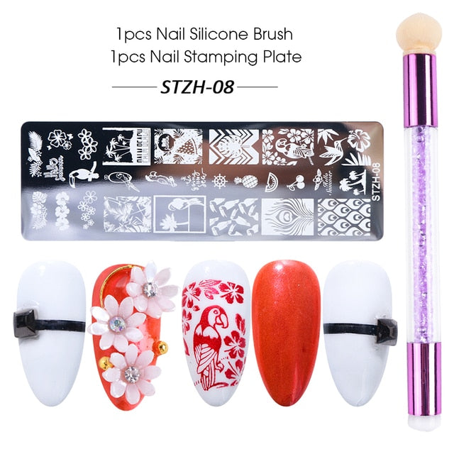 Nail Stamping Plates Set Silicone Sponge Brush Polish Transfer Stencils Flower Geometry DIY Template for Nail Tool CHSTZN01-12-2