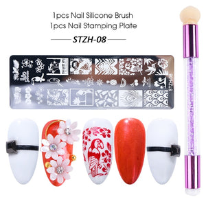 Nail Stamping Plates Set Silicone Sponge Brush Polish Transfer Stencils Flower Geometry DIY Template for Nail Tool CHSTZN01-12-2