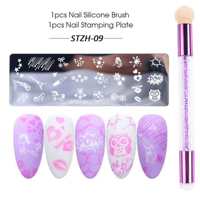 Nail Stamping Plates Set Silicone Sponge Brush Polish Transfer Stencils Flower Geometry DIY Template for Nail Tool CHSTZN01-12-2