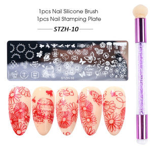 Nail Stamping Plates Set Silicone Sponge Brush Polish Transfer Stencils Flower Geometry DIY Template for Nail Tool CHSTZN01-12-2