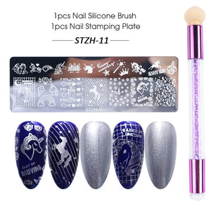 Nail Stamping Plates Set Silicone Sponge Brush Polish Transfer Stencils Flower Geometry DIY Template for Nail Tool CHSTZN01-12-2