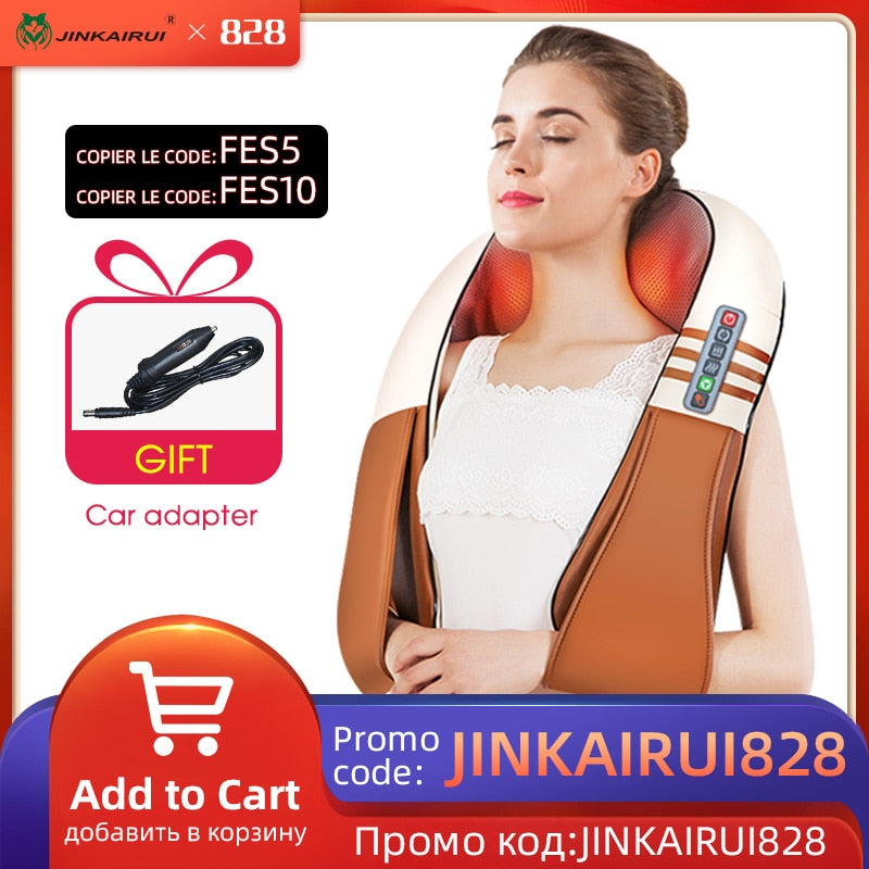 (with Gift Box)JinKaiRui U Shape Electrical Shiatsu Back Neck Shoulder Body Massager Infrared Heated Kneading Car/Home Massagem