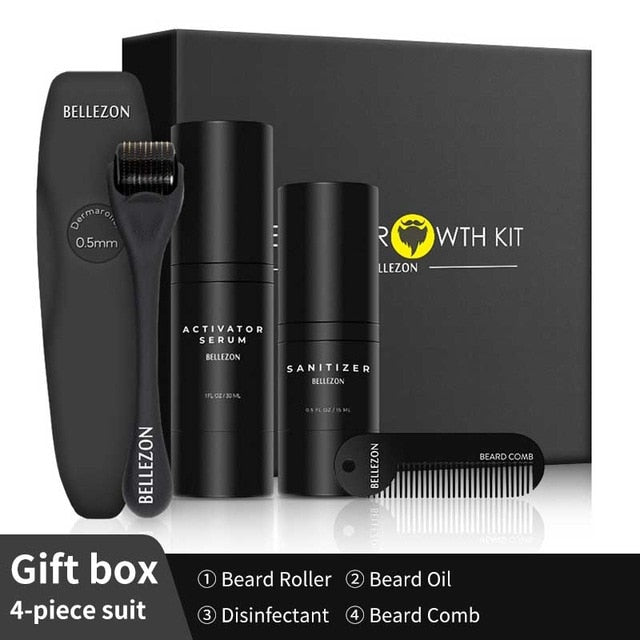 4 Pcs/Set Beard Growth Kit Men's Beard Growth Oil Nourishing Enhancer Beard Oil Beard Care With Comb Beard Roller Beard Oil